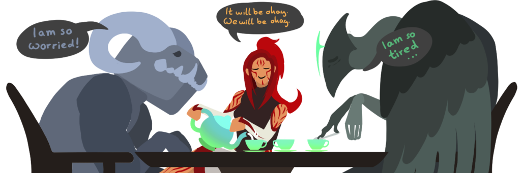 Kai sitting with her inner Demons on a table, having a tea and a chat. Left is Anxiety, right is Depression.